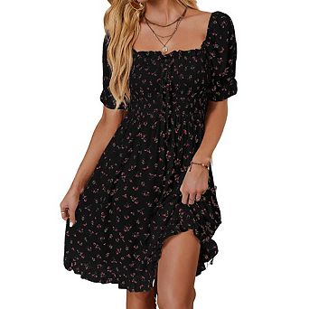 Womens Square Neck Floral Print Smocked Ruffle Elegant Midi Dress