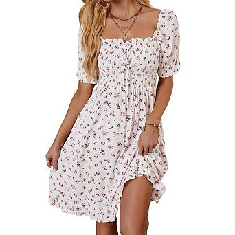Womens Square Neck Floral Print Smocked Ruffle Elegant Midi Dress