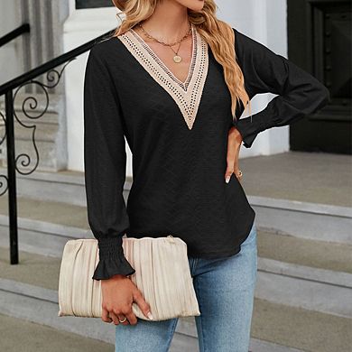 Womens Fall Casual Lantern Long Sleeve Shirt Lace V Neck Loose Fit Soft Top Work Blouse