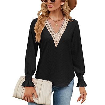 Womens Fall Casual Lantern Long Sleeve Shirt Lace V Neck Loose Fit Soft Top Work Blouse