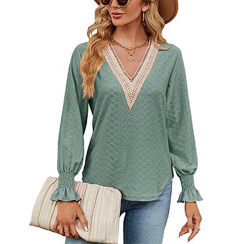 Womens Fall Casual Lantern Long Sleeve Shirt Lace V Neck Loose Fit Soft Top Work Blouse