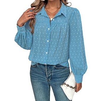 Women's Swiss Dot T Shirts Casual Button Down Long Sleeve Blouse