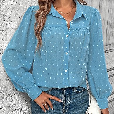 Women's Swiss Dot T Shirts Casual Button Down Long Sleeve Blouse