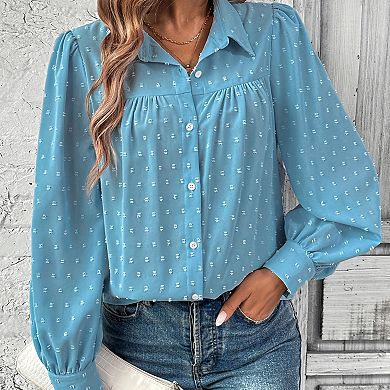 Women's Swiss Dot T Shirts Casual Button Down Long Sleeve Blouse