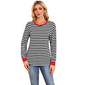 Womens Fall Casual Long Sleeve Striped Color Block Shirts Crew Neck Top Business Work Outfits Blouse