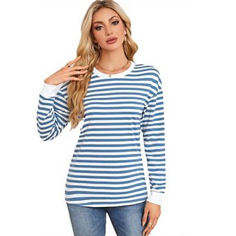 Womens Fall Casual Long Sleeve Striped Color Block Shirts Crew Neck Top Business Work Outfits Blouse