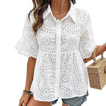 Womens Short Sleeve Button Down Collar Cutout Jacquard Babydoll Shirt