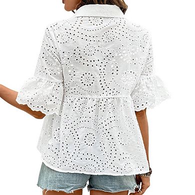 Womens Short Sleeve Button Down Collar Cutout Jacquard Babydoll Shirt