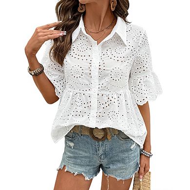 Womens Short Sleeve Button Down Collar Cutout Jacquard Babydoll Shirt