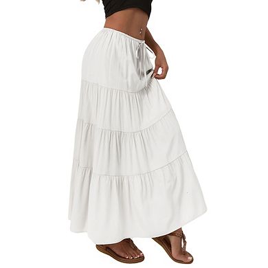 Womens High Waist Elastic Drawstring Flowy Midi Skirts