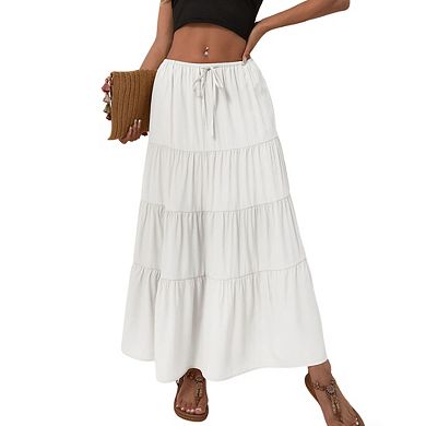 Womens High Waist Elastic Drawstring Flowy Midi Skirts