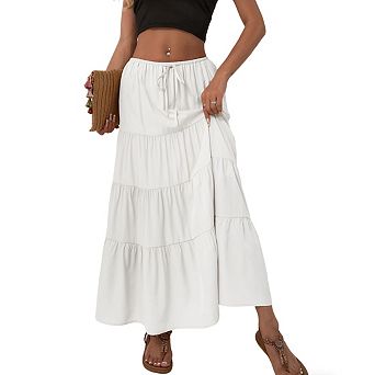 Womens High Waist Elastic Drawstring Flowy Midi Skirts