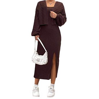 Women's Ribbed Knit Two Piece Set Slit Slip Dress & Cropped Cardigan Outfit