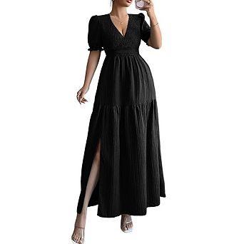Womens V Neck Smocked Short Sleeve Puff Sleeve Casual Elegant Slit Hem Dress