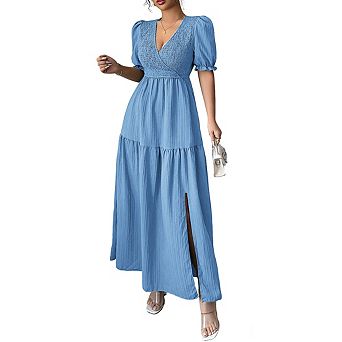 Womens V Neck Smocked Short Sleeve Puff Sleeve Casual Elegant Slit Hem Dress