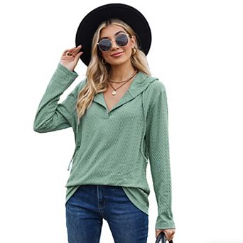 Women Fall Casual Hoodie Long Sleeve Shirt Loose Fit V Neck Top Drawstring Tunic Winter Comfy Blouse
