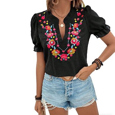Womens V Neck Floral Embroidery Swiss Dot Puff Short Sleeve Blouse