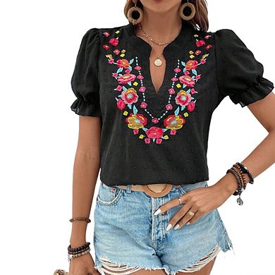 Womens V Neck Floral Embroidery Swiss Dot Puff Short Sleeve Blouse