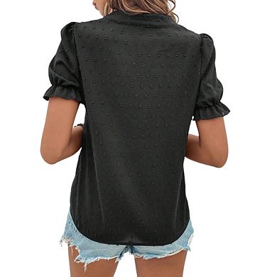 Womens V Neck Floral Embroidery Swiss Dot Puff Short Sleeve Blouse