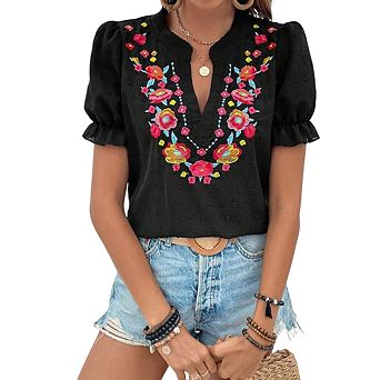 Womens V Neck Floral Embroidery Swiss Dot Puff Short Sleeve Blouse