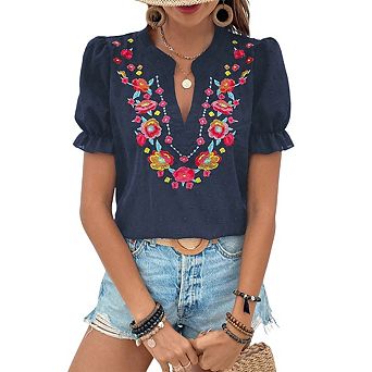Womens V Neck Floral Embroidery Swiss Dot Puff Short Sleeve Blouse