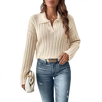 Womens Fall Knit Sweaters Long Sleeve Lapel V Neck Pullover Polo Shirts Casual Loose Soft Jumper Top
