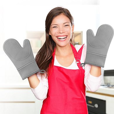 Cheer Collection Heat Resistant Silicone Oven Mitts Set of 2 with Non Slip Grip and Soft Lining