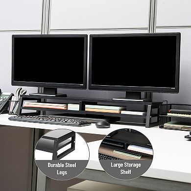 Mind Reader 2-Tier MDF Double Monitor Stand with Storage Shelf