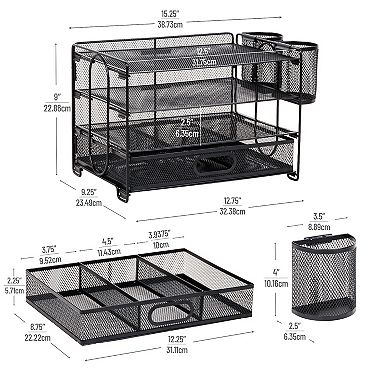 Mind Reader 3-Tray Desk Organizer with Drawer & 2 Pen Holders