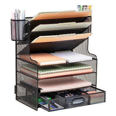 Mind Reader 6-Compartment Mesh Desk Organizer with Drawer & 2 Pen Cups