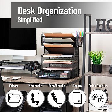 Mind Reader 6-Compartment Mesh Desk Organizer with Drawer & 2 Pen Cups