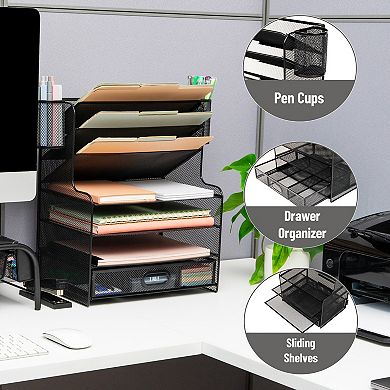 Mind Reader 6-Compartment Mesh Desk Organizer with Drawer & 2 Pen Cups
