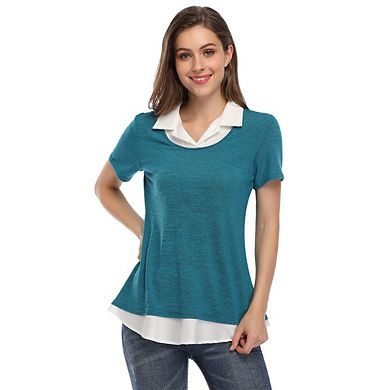 Women's Short Sleeve Contrast Collared Shirts Patchwork Work Blouse Tunics Tops