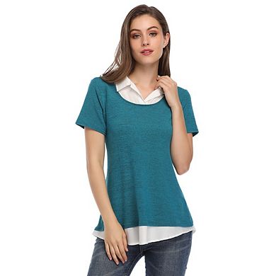 Women's Short Sleeve Contrast Collared Shirts Patchwork Work Blouse Tunics Tops