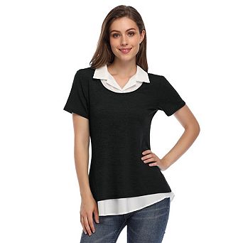 Women's Short Sleeve Contrast Collared Shirts Patchwork Work Blouse Tunics Tops
