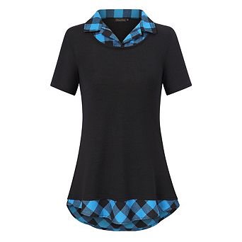 Women's Short Sleeve Contrast Collared Shirts Patchwork Work Blouse Tunics Tops