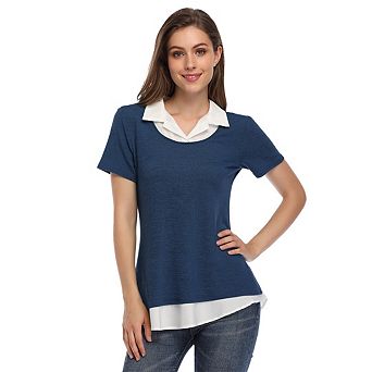Women's Short Sleeve Contrast Collared Shirts Patchwork Work Blouse Tunics Tops