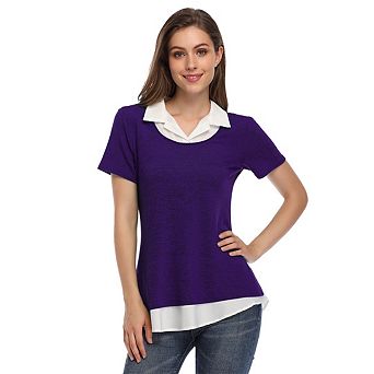 Women's Short Sleeve Contrast Collared Shirts Patchwork Work Blouse Tunics Tops