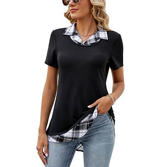 Women's Short Sleeved Color Blocked Collared Shirt Casual Work Top