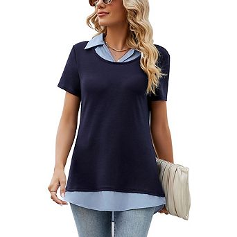 Women's Short Sleeved Color Blocked Collared Shirt Casual Work Top