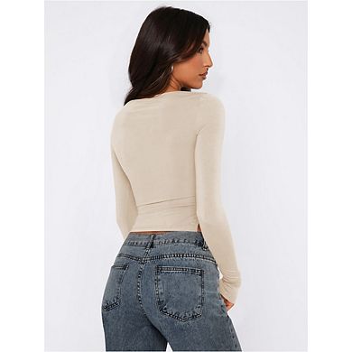 Women's Long Sleeve Knit T Shirt Drawstring Side Ruch Long Crop Top