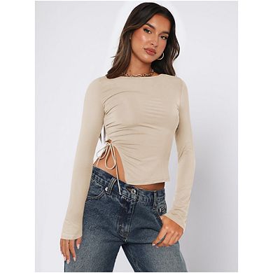 Women's Long Sleeve Knit T Shirt Drawstring Side Ruch Long Crop Top