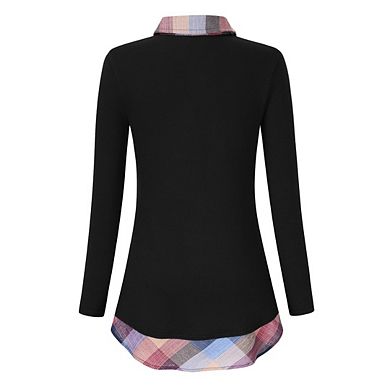 Women's Casual Collared Curved Hem 2 in 1 Pullover Tops Plaid Contrast Shirt Blouse