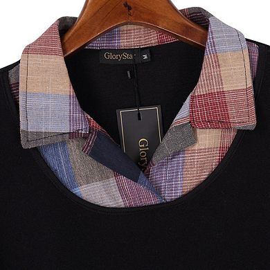 Women's Casual Collared Curved Hem 2 in 1 Pullover Tops Plaid Contrast Shirt Blouse