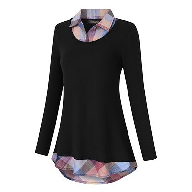 Women's Casual Collared Curved Hem 2 in 1 Pullover Tops Plaid Contrast Shirt Blouse