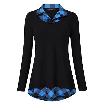 Women's Casual Collared Curved Hem 2 in 1 Pullover Tops Plaid Contrast Shirt Blouse