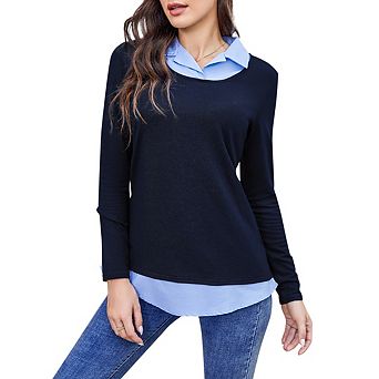 Women's Casual Collared Curved Hem 2 in 1 Pullover Tops Plaid Contrast Shirt Blouse
