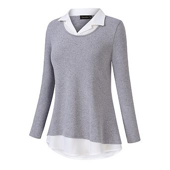 Women's Casual Collared Curved Hem 2 in 1 Pullover Tops Plaid Contrast Shirt Blouse