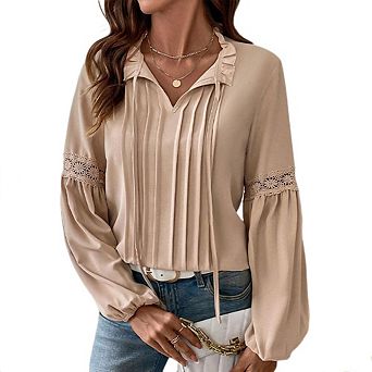 Women's Long Sleeve Ruffle V Neck Tops Tie Front Pleated Elegant Business Dressy Casual Blouse Shirt