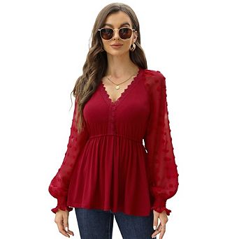Women Lace Long Sleeve Fall Shirts Casual Dressy Wrap V Neck Pleated Tunic Top
